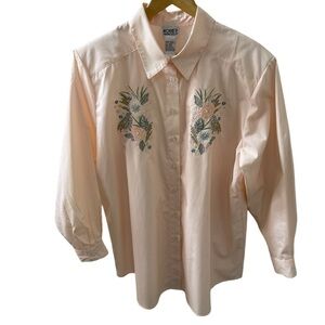 Koret Francisca Size 16W pink white striped blouse with embroidered flowers